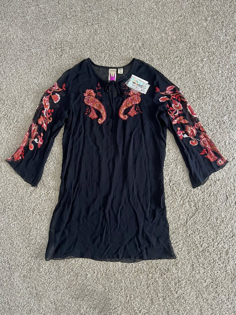 NWT Y2K Black Sheer Boho Paisley Beaded Mini Dress Anthony Original Size M